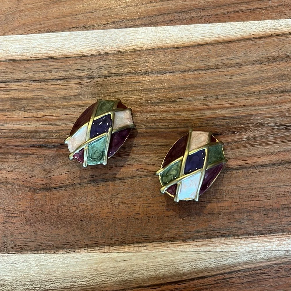 Chico's Multicolor Diamond Patterned Gold Clip On Earrings